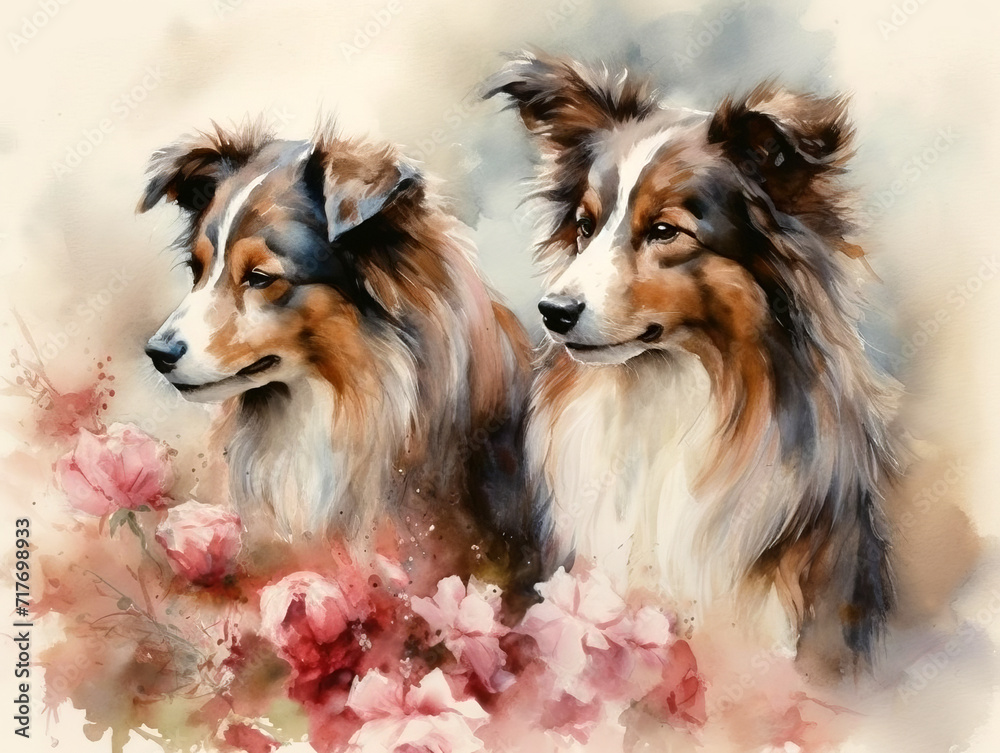 Watercolor portrait of two shetland sheepdogs and pink flowers