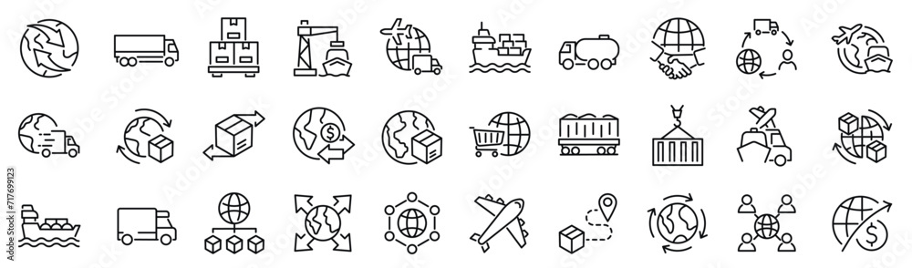Set of 30 outline icons related to international trading. Linear icon collection. Editable stroke. Vector illustration - obrazy, fototapety, plakaty 