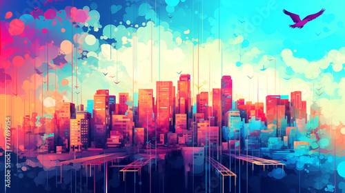 Artistic painting of Cityscape  Abstract style  Panorama of skyscrapers 