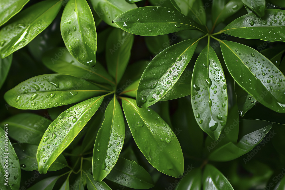 Top view of leavesschefflera plant with water drops Top view of leavesschefflera plant with water drops