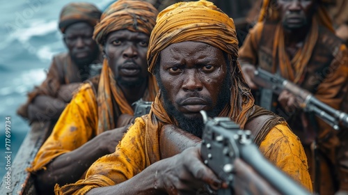 African pirates getting ready for action: close-up of black criminals with firearms