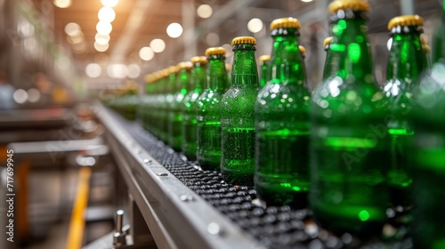 Beer bottles manufacturing on brewery conveyor belt in industry