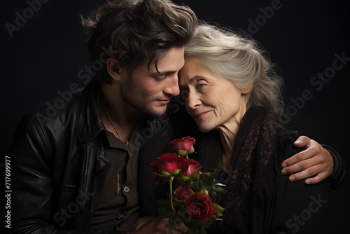 Affectionate Embrace of Elderly Woman and Young Man Captures Timeless Love and Connection © Dmitry