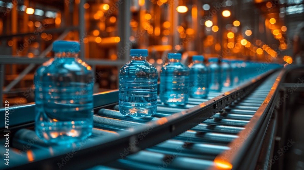 On the conveyor belt, water bottles move along the production line for the purification and bottling of water. The industrial process ensures the production of purified and bottled water. On the conveyor belt, water bottles move along the production line for the purification and bottling of water. The industrial process ensures the production of purified and bottled water.