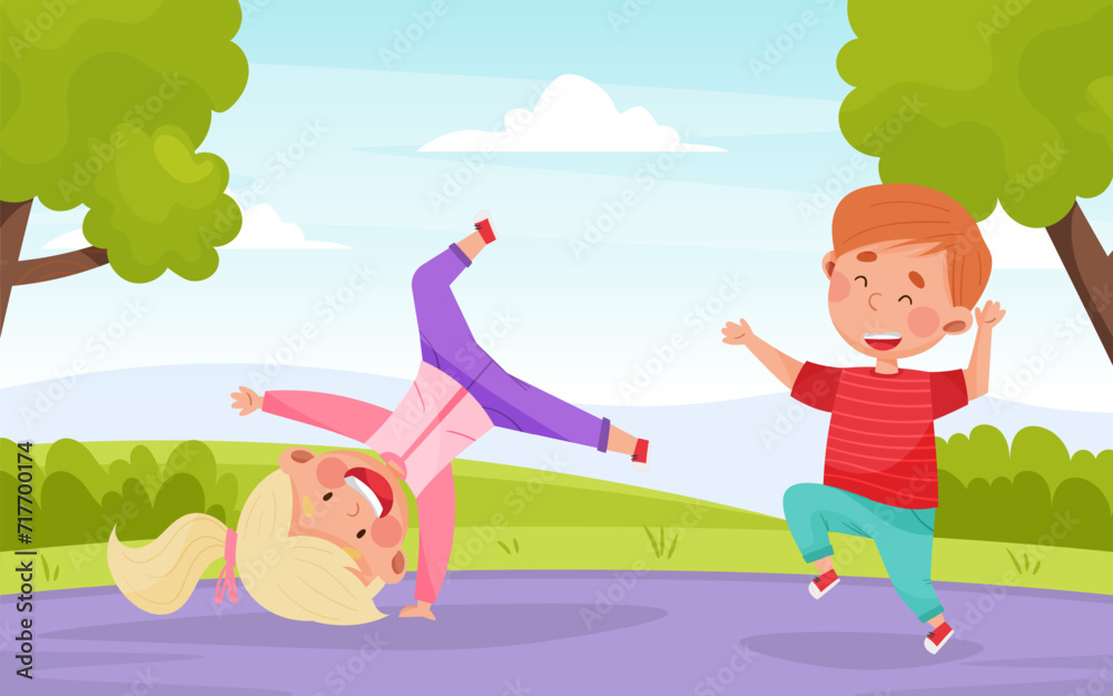 Funny Jumping Boy and Girl Character Having Fun Vector Illustration Funny Jumping Boy and Girl Character Having Fun Vector Illustration