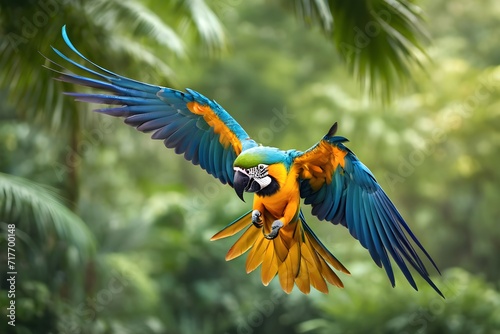 Colorful parrot macaw flying in green forest. Wildlife scene from tropical nature. Bird fly in jungle.