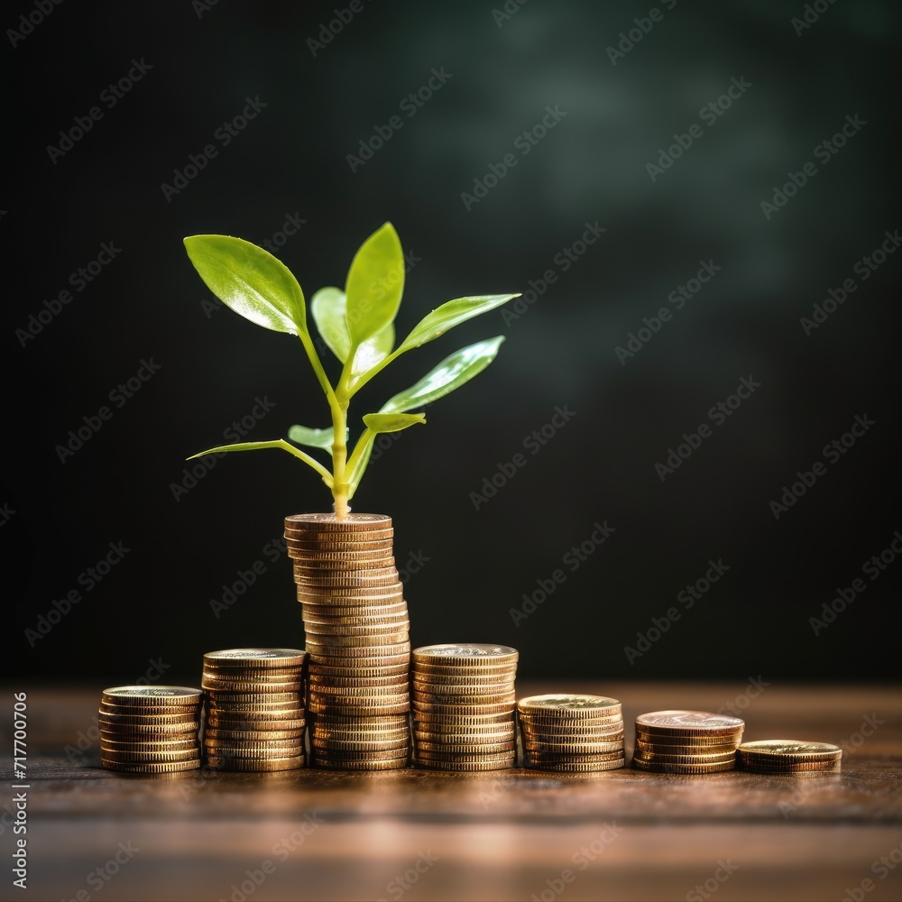 Investment growth, stack of coin with plants showing business growth, photo with copy space for text Investment growth, stack of coin with plants showing business growth, photo with copy space for text