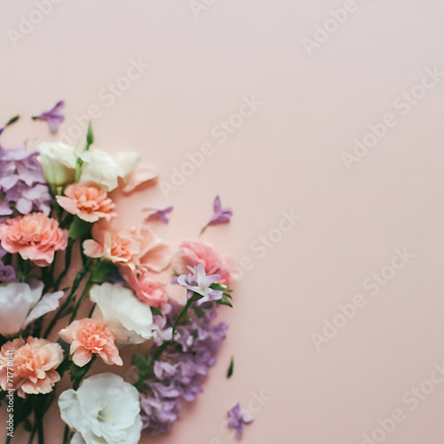 Banner with flowers on light pink background. Greeting card template for Wedding  mothers or womans day