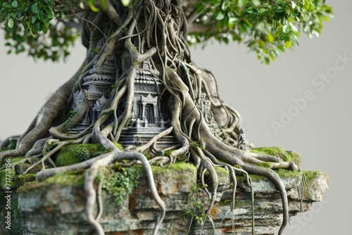 tree has thick roots that wrap around the structure giving it an enchanted appearance