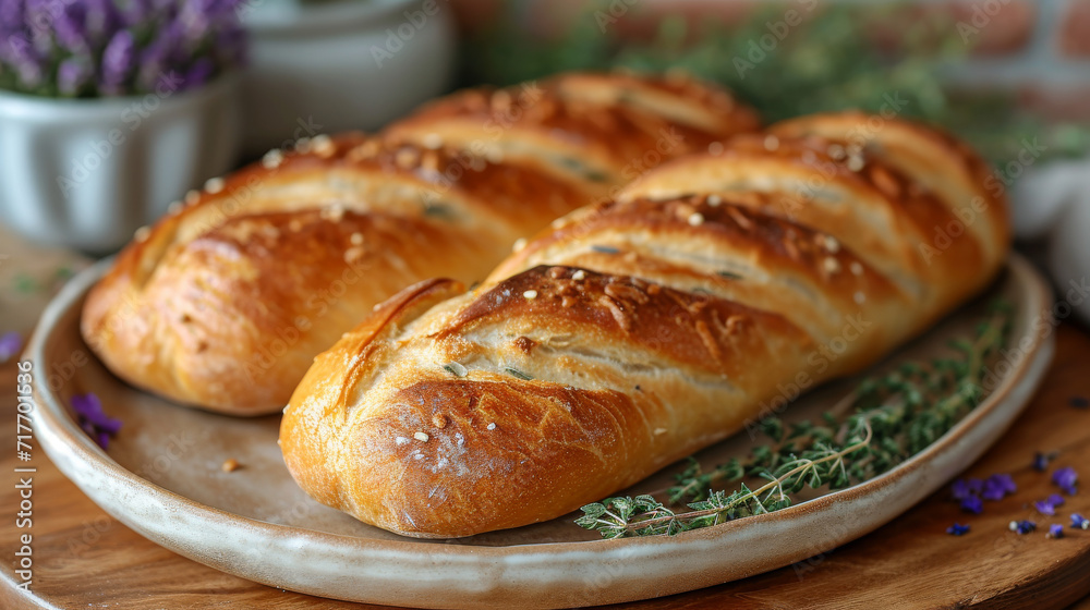 baguette freshly baked on a plate well decorated prodcut photo baguette freshly baked on a plate well decorated prodcut photo