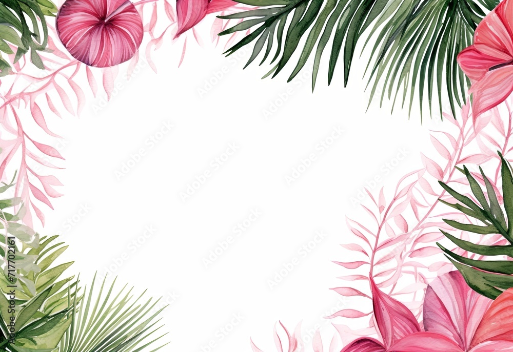 watercolor exotic leaf frame, in the style of made of flowers watercolor exotic leaf frame, in the style of made of flowers