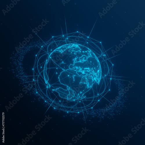 Data technology for global connections, business analytics, financial data, communications, data science and AI. Telecommunication satellites orbiting around Earth. Space innovation. Illustration.