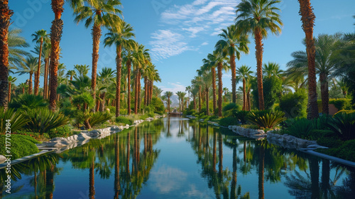 A desert oasis with palm trees and a reflecting pool, oasis, exotic, tranquil, hot, oasis. Point-and-shoot, telephoto lens, midday, exotic