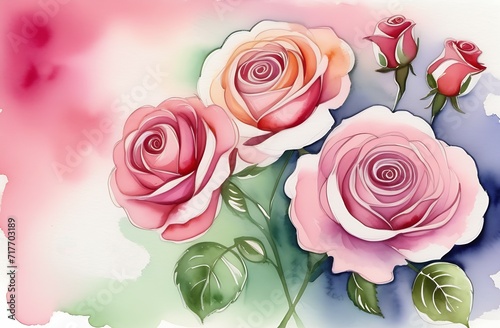 A beautiful bouquet of pink roses on a blurred watercolor background  the concept of a postcard for International Women s Day  March 8  Valentine s Day  Easter  Mother s Day