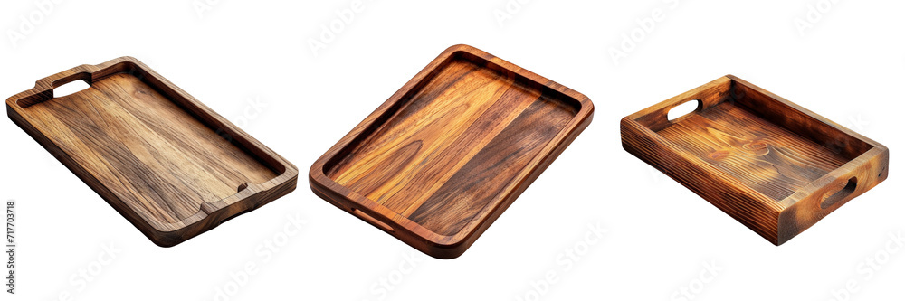 Sleek Wooden Serving Tray Set Isolated on Transparent or White Background, PNG Sleek Wooden Serving Tray Set Isolated on Transparent or White Background, PNG
