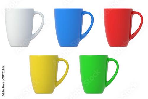 Set of colorful mugs isolated on white background. Top view. 3d render