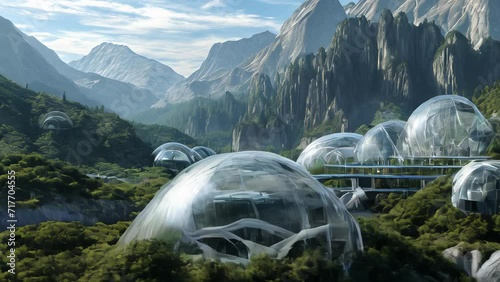 Transparent dome-shaped dwellings located in a mountainous region, surrounded by lush green vegetation.
 photo