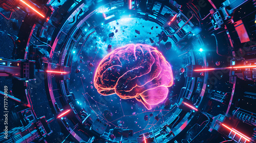 Giant human brain as a supercomputer server with neural network technology in futuristic data center. Business and technology concept.