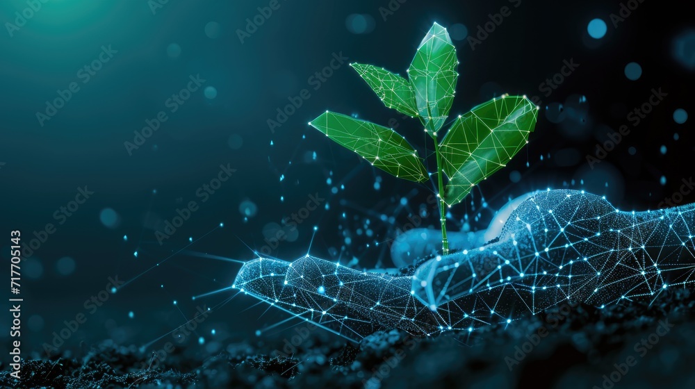 giving hand with young plant in soil geometry low poly style background - obrazy, fototapety, plakaty 