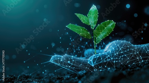 giving hand with young plant in soil geometry low poly style background photo