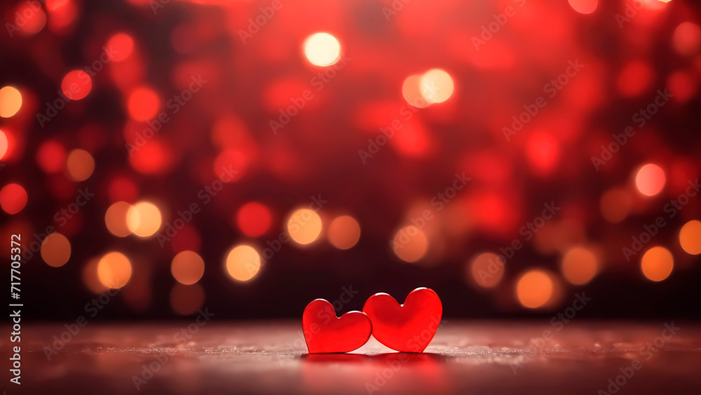 Two red hearts on abstract bokeh light blurry background. Love concept, Valentines day card Two red hearts on abstract bokeh light blurry background. Love concept, Valentines day card
