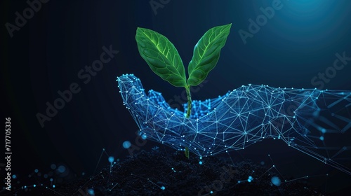 giving hand with young plant in soil geometry low poly style background