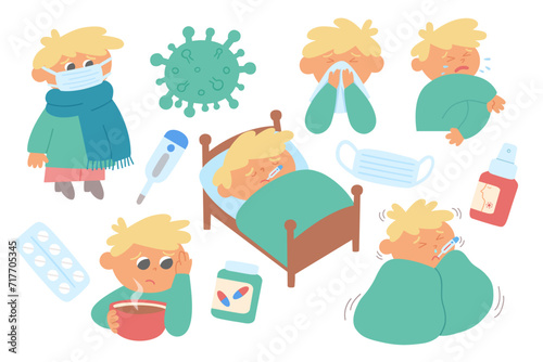 A boy character with sick symptoms, having cold, flu, allergy, fever, coughing, sneezing photo