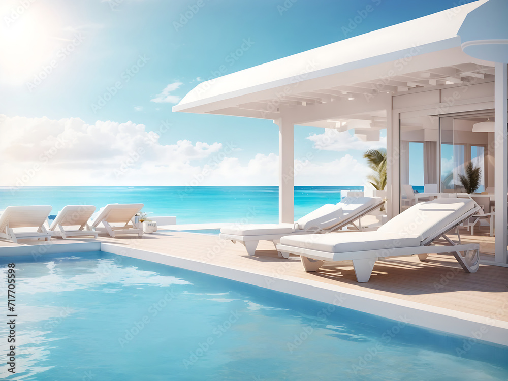 Fototapeta premium Sea view.A luxury modern white beach hotel with a swimming pool. Sunbed on sundeck for a vacation home or hotel designs.