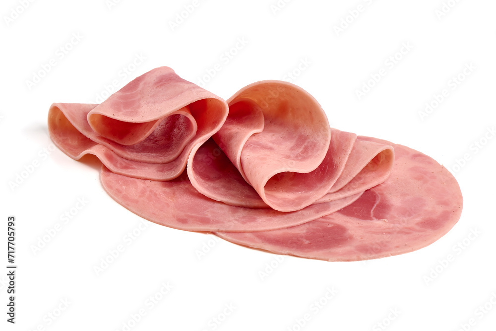Thinly Sliced Ham, boiled sausage, close-up, isolated on white background. Thinly Sliced Ham, boiled sausage, close-up, isolated on white background.