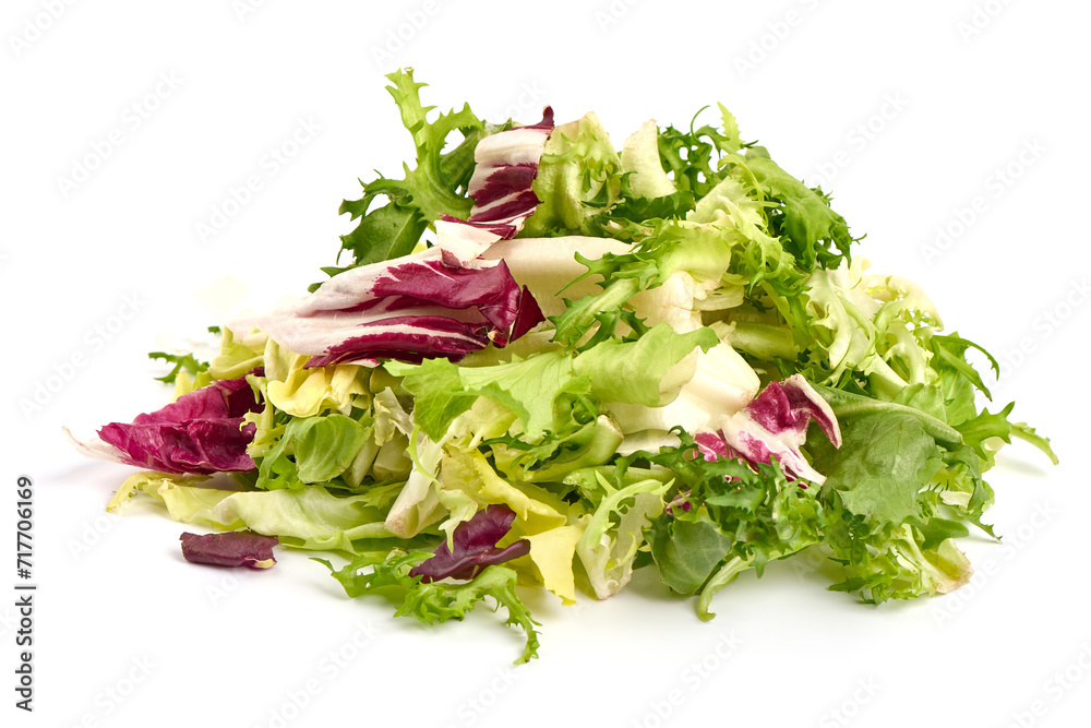 Salad mix with rucola, frisee, radicchio and lamb's lettuce. Isolated on white background. Salad mix with rucola, frisee, radicchio and lamb's lettuce. Isolated on white background.