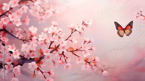 Butterflies against the background of cherry blossoms. Selective focus. © yanadjan