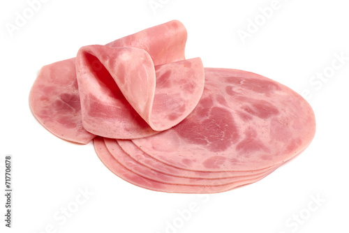 Sliced boiled ham sausage, isolated on white background.