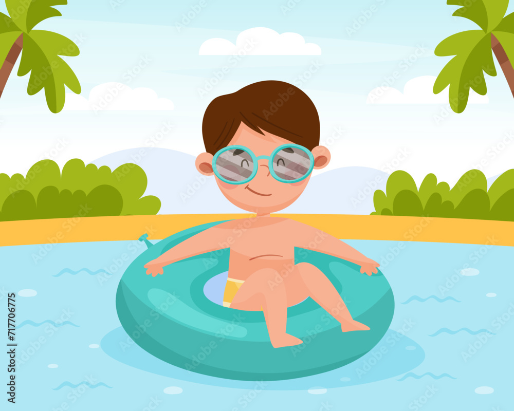 Happy Boy Character at Sea Swim in Rubber Ring Enjoy Beach Vacation Vector Illustration