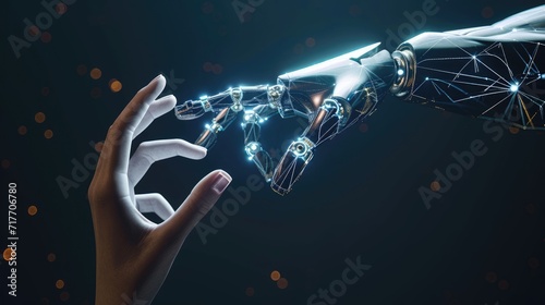 Robot hand touch wireframe light connection structure background