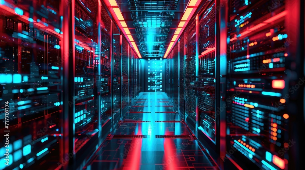 Modern Data Server Racks in Dark Room Technology Background