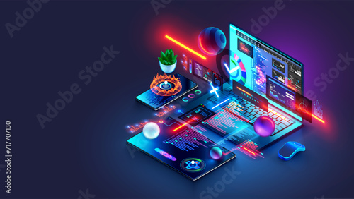 Software development, web design, programming concept. Abstract software develop programming api interface, program code, elements interface website on laptop, tablet, phone. Software development