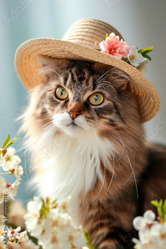 portrait of a cat in a hat in flowers. Selective focus.