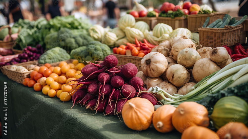 An inviting farmer's market display of vibrant, organic, and plant-based produce, a variety of fresh fruits and vegetables arranged artfully, showcasing the beauty and appeal of vegan ingredients