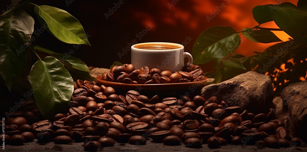Obraz premium a cup of coffee beans and a leaf, in the style of dark brown