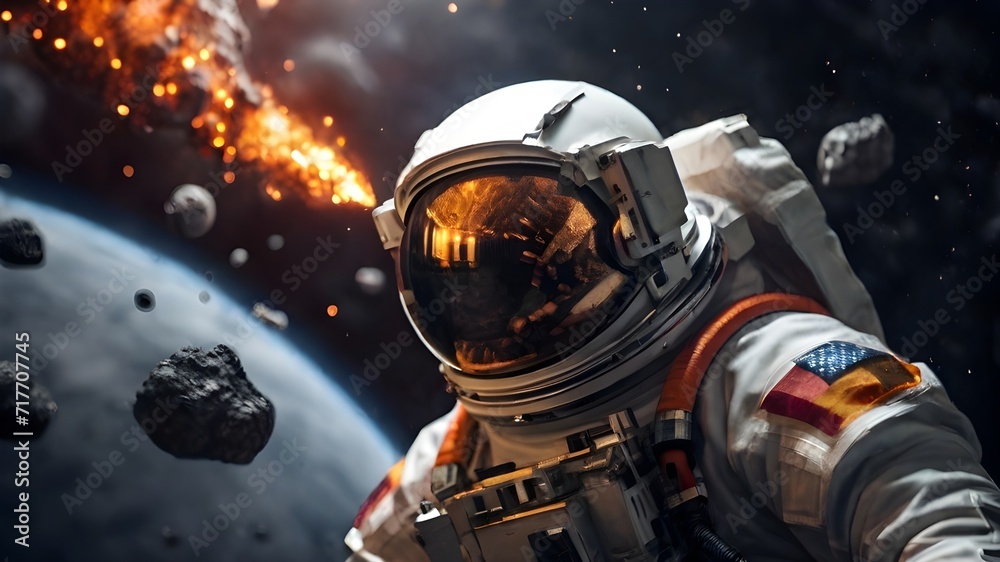 Astronaut flying on the space with asteroids background Astronaut flying on the space with asteroids background