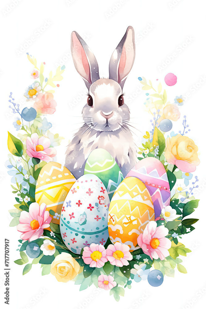 White Rabbit Among Easter Eggs in Playful Scene White Rabbit Among Easter Eggs in Playful Scene