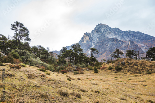 View of the Himalayan mountains between Namche Bazar and Kumjung villages. Nepal