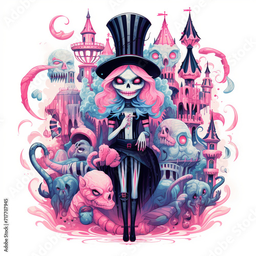 A spooky carnival with a pastel gothic ringmaster, featuring strange otherworldly attractions and creatures.
