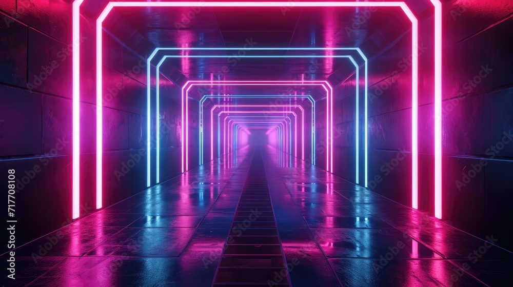 Fototapeta premium neon glowing lines in a dark tunnel technology background