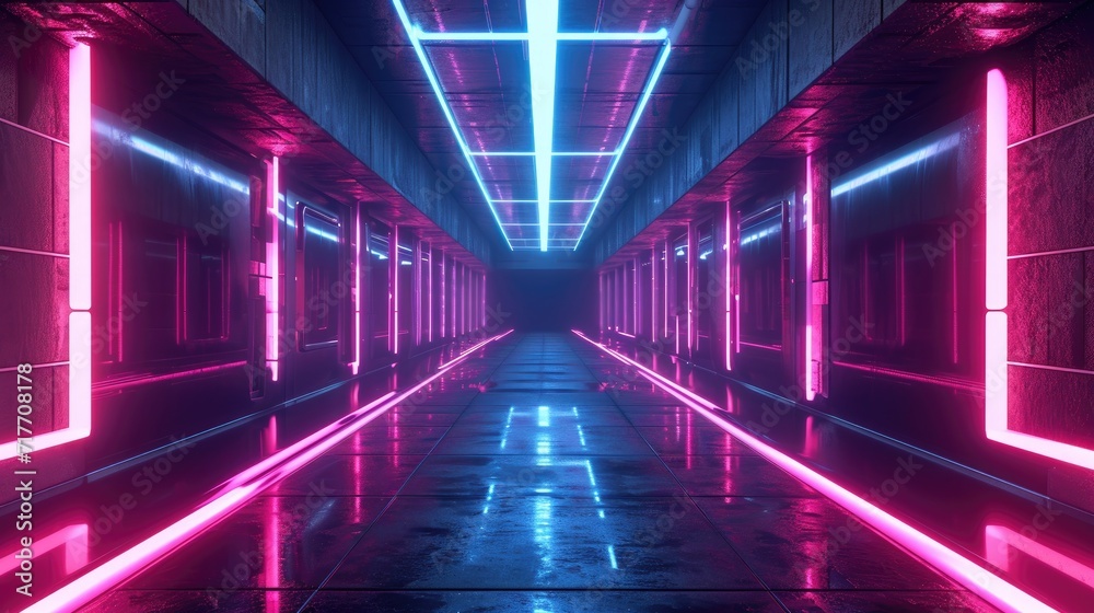 neon glowing lines in a dark tunnel technology background