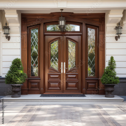 Main door to the luxury house with spring decoration  beautiful elegant entrance  modern and elegant door  Spring time  Mockup