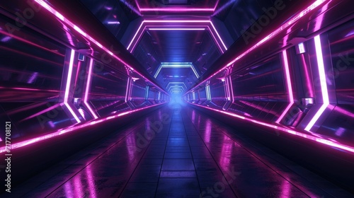 neon glowing lines in a dark tunnel technology background © fledermausstudio