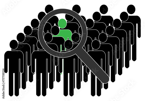 Lupa buscando empleado entre grupo de personas.