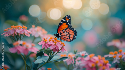 Butterflies on beautiful flowers, in the garden.