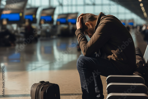 Stressed traveler at the airport. Man holds his head in his hands in despair while sitting at the airport. photo